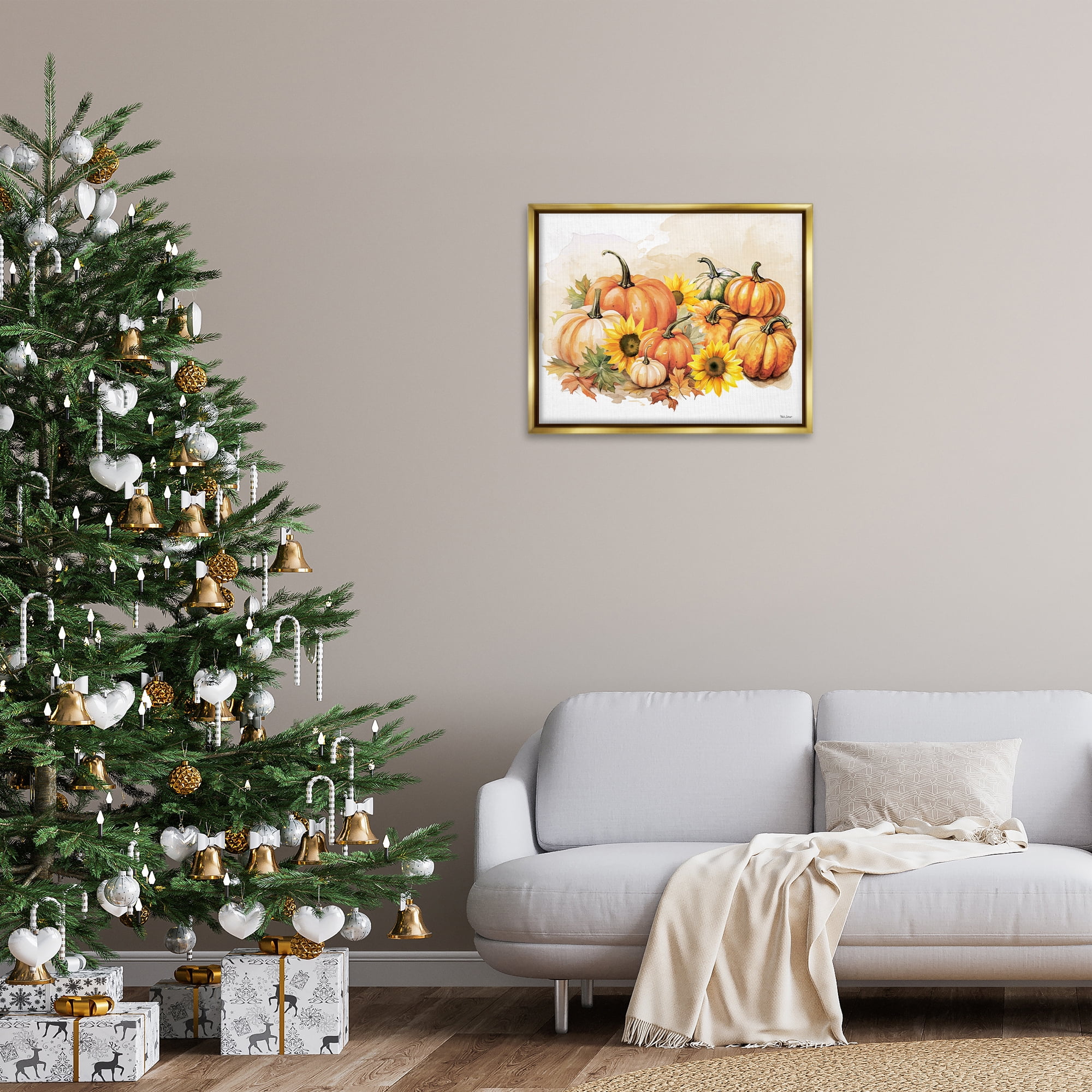 Stupell Industries Pumpkin & Sunflower Bundle Botanical & Floral Painting Gold Floater Framed Canvas Art Prints Wall Art, 31 x 25