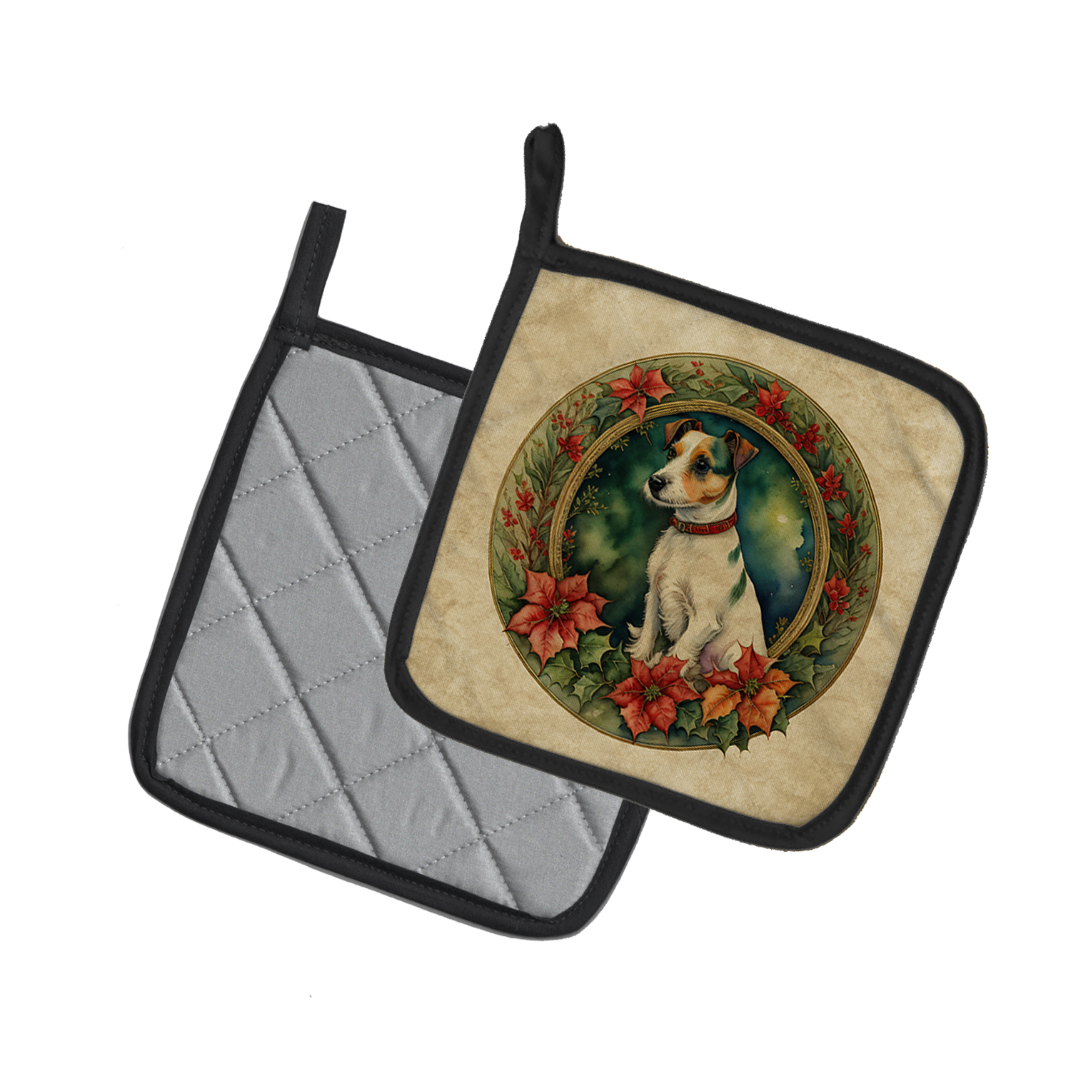 Carolines Treasures 7.5 x 7.5 in. Unisex Jack Russell Terrier Christmas Flowers Pair of Pot Holders
