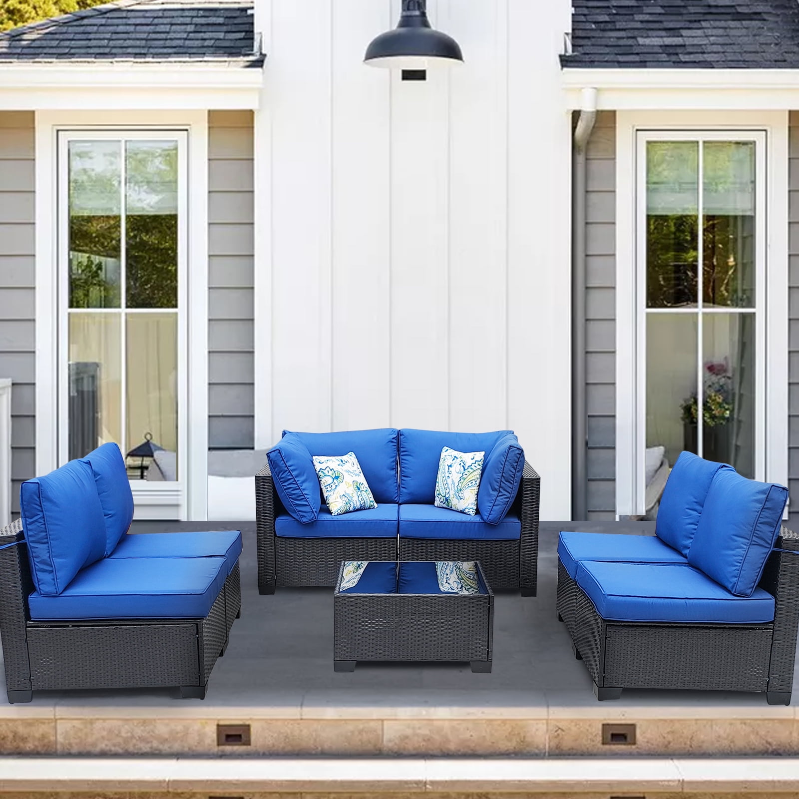 ZXRLHX 7 Piece Wicker Sectional Patio Furniture Set (Coffee/Blue) with Pillows, for Outdoor Deck