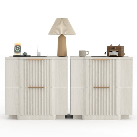 Brafab Fluted Nightstand Set of 2 with 20W Fast Charging Station,Bedside Tables with 2 Storage Drawers & Curved Base, Large End Tables for Bedroom