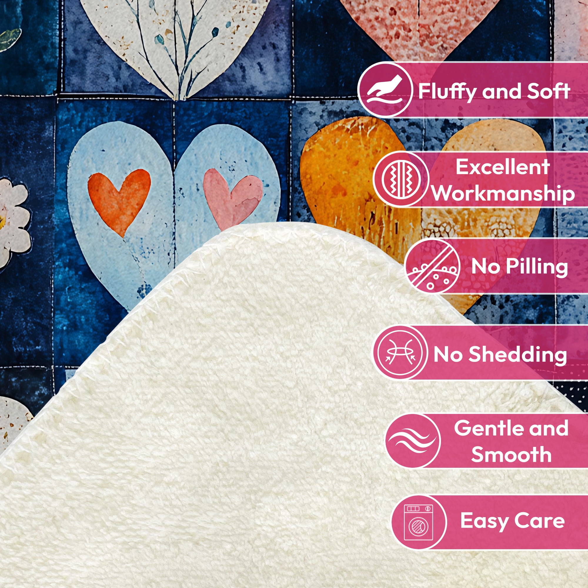 Sherpa Fleece Throw Blanket 50"x60" Reversible Plush Fluffy Blanket, Double-Layer Super Soft Flannel Blanket for Sofa, Couch, Bed, Patchwork Floral & Heart Pattern