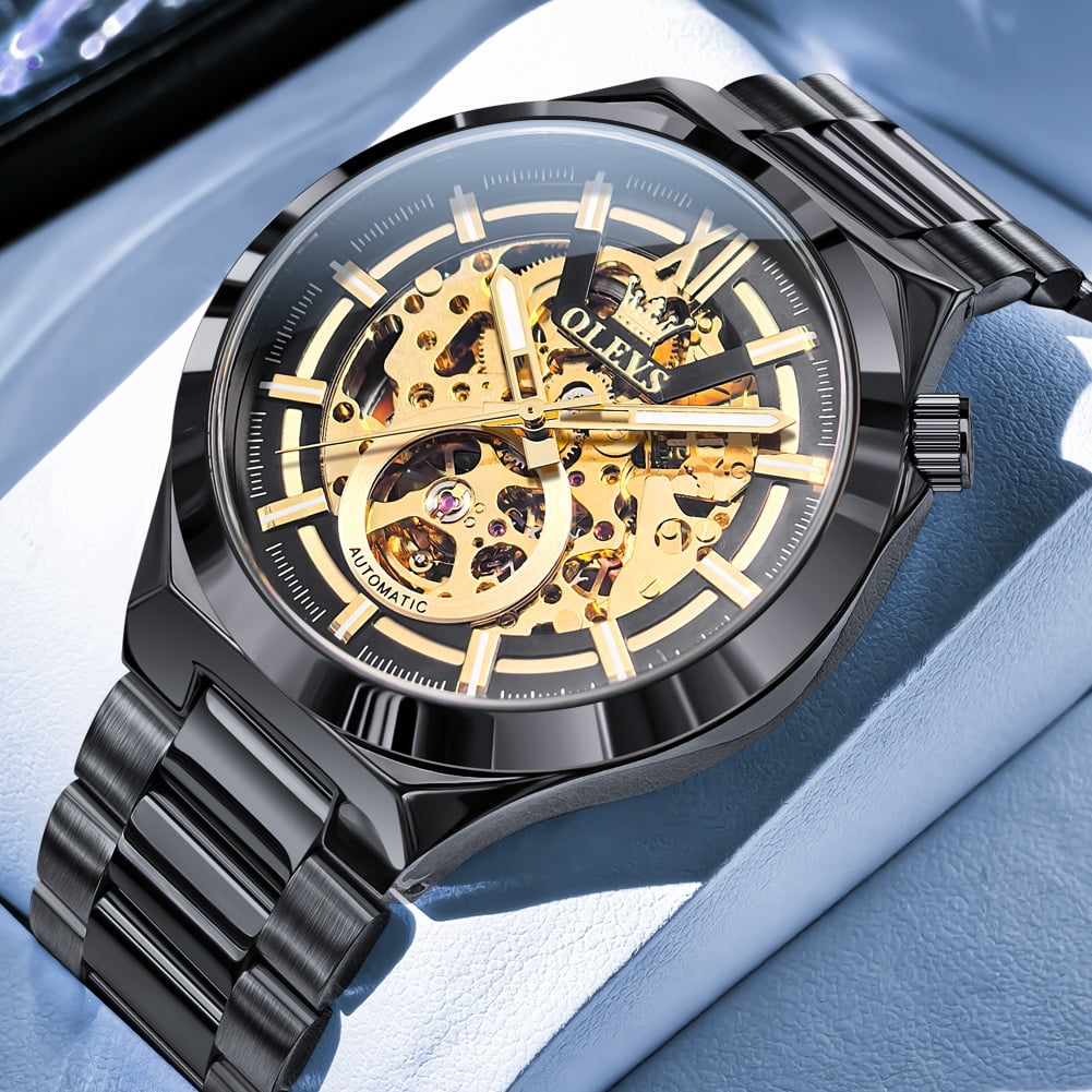 OLEVS Skeleton Watches for Men Luxury Dress Automatic Self Winding Mechanical Gold Plated Stainless Steel Waterproof Luminous Business Men Wrist Watch Reloj Para Hombre
