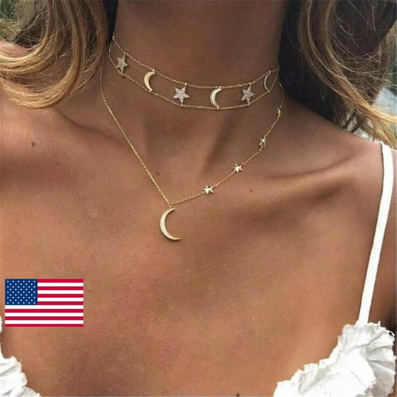 EOEMY Women Boho Multilayer Choker Crystal Moon Star Pendant Chain Necklace Jewelry.