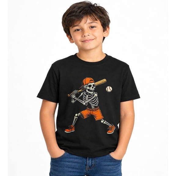 Halloween Skeleton Baseball Batter Graphic T-Shirt for Boys, Fun Spooky Short Sleeve Shirt for Fall