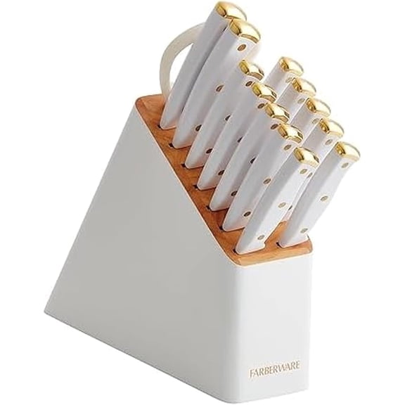 Farberware 14-Piece Slim Knife Block Set, High-Carbon Stainless Steel, White and Gold