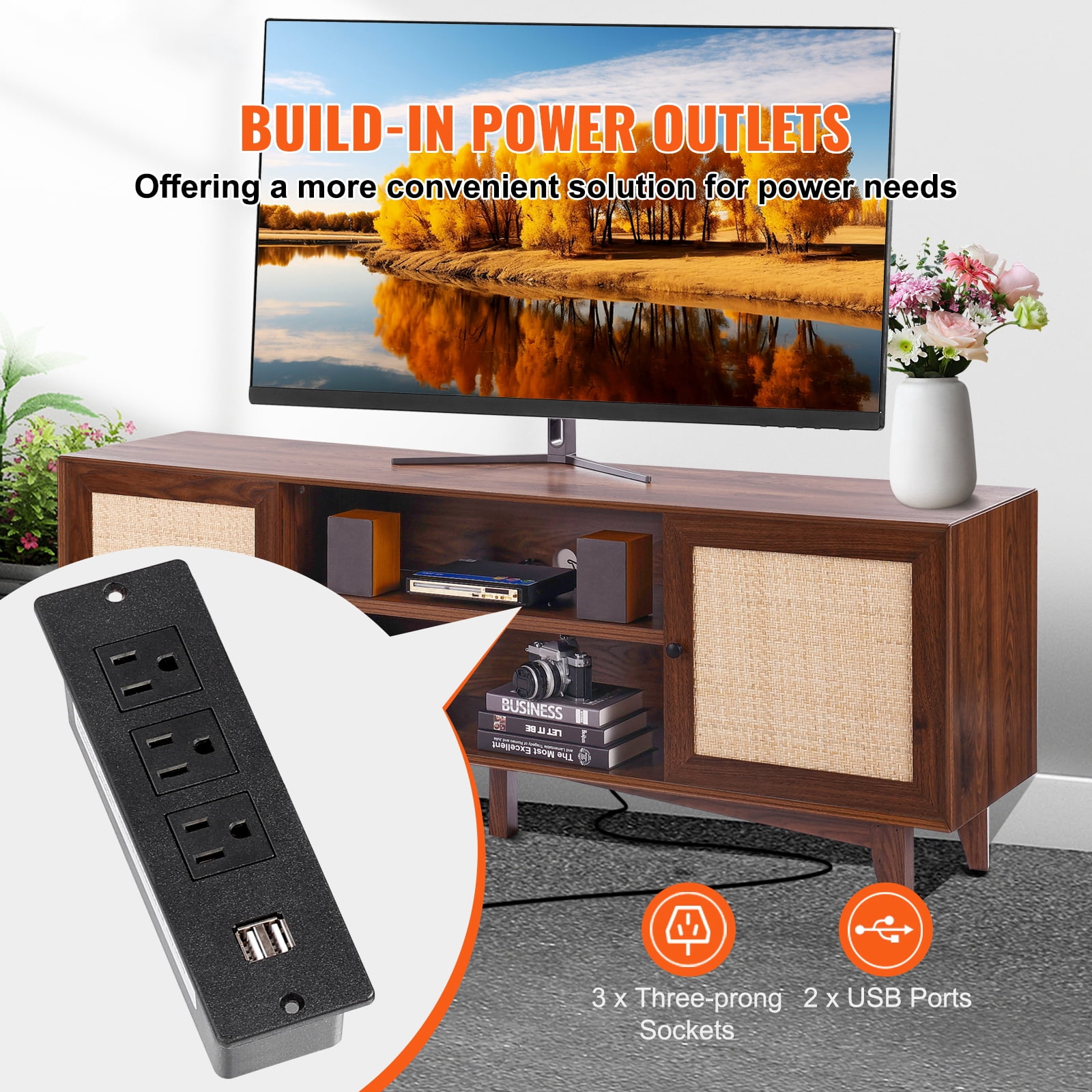 KFFKFF Walnut TV Stand for 75in Television, Bohemian Style TV Console with Rattan Door, Media Center with Integrated Socket, Two-Shelf Storage Cabinet, Contemporary Design for Living Space,Media Area