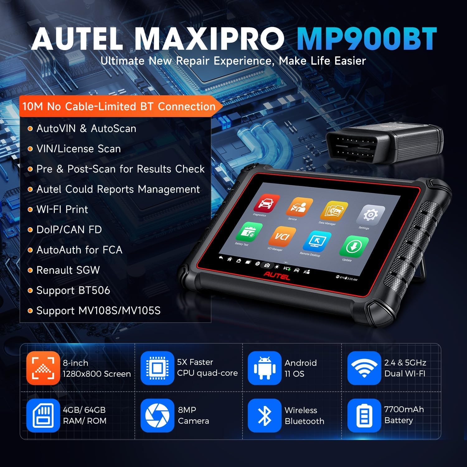 Autel Scanner MaxiPRO MP900BT - 2026 MP900-BT Up of MP900, w/MV108S DoIP CAN FD, Advanced Diagnostic Scan Tool , 3000+ Test, 40+ Reset, OS11, FCA SGW