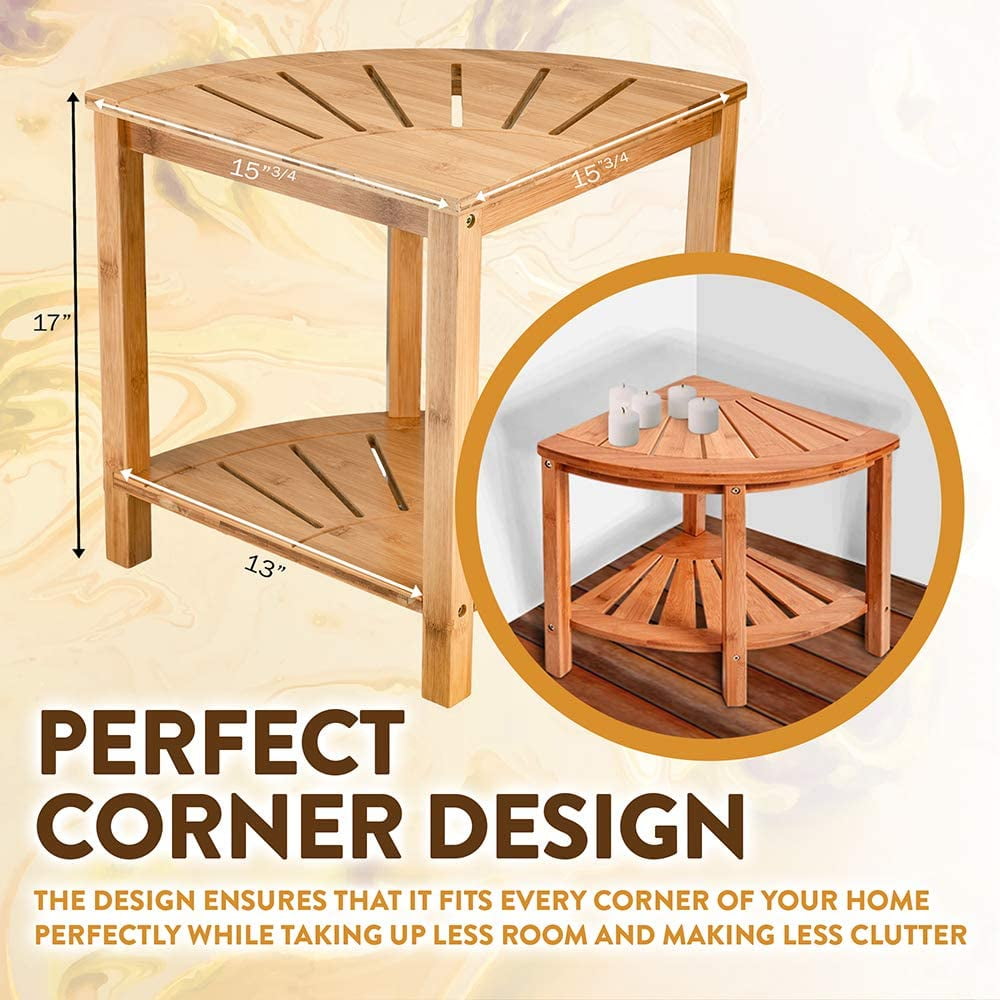 Bambusi Bamboo Corner Shower Bench Wood Spa Stool Bench with Storage Shelf for Bathroom Organization Perfect for Indoor or Outdoor Walmart