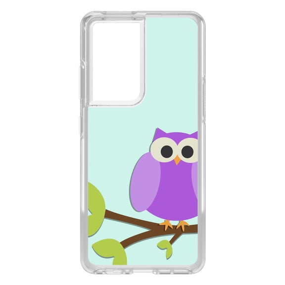 DistinctInk Clear Shockproof Hybrid Case for Galaxy S21 ULTRA 5G (6.8" Screen) - TPU Bumper, Acrylic Back, Tempered Glass Screen Protector - Purple Owl Cartoon - Cartoon Owls