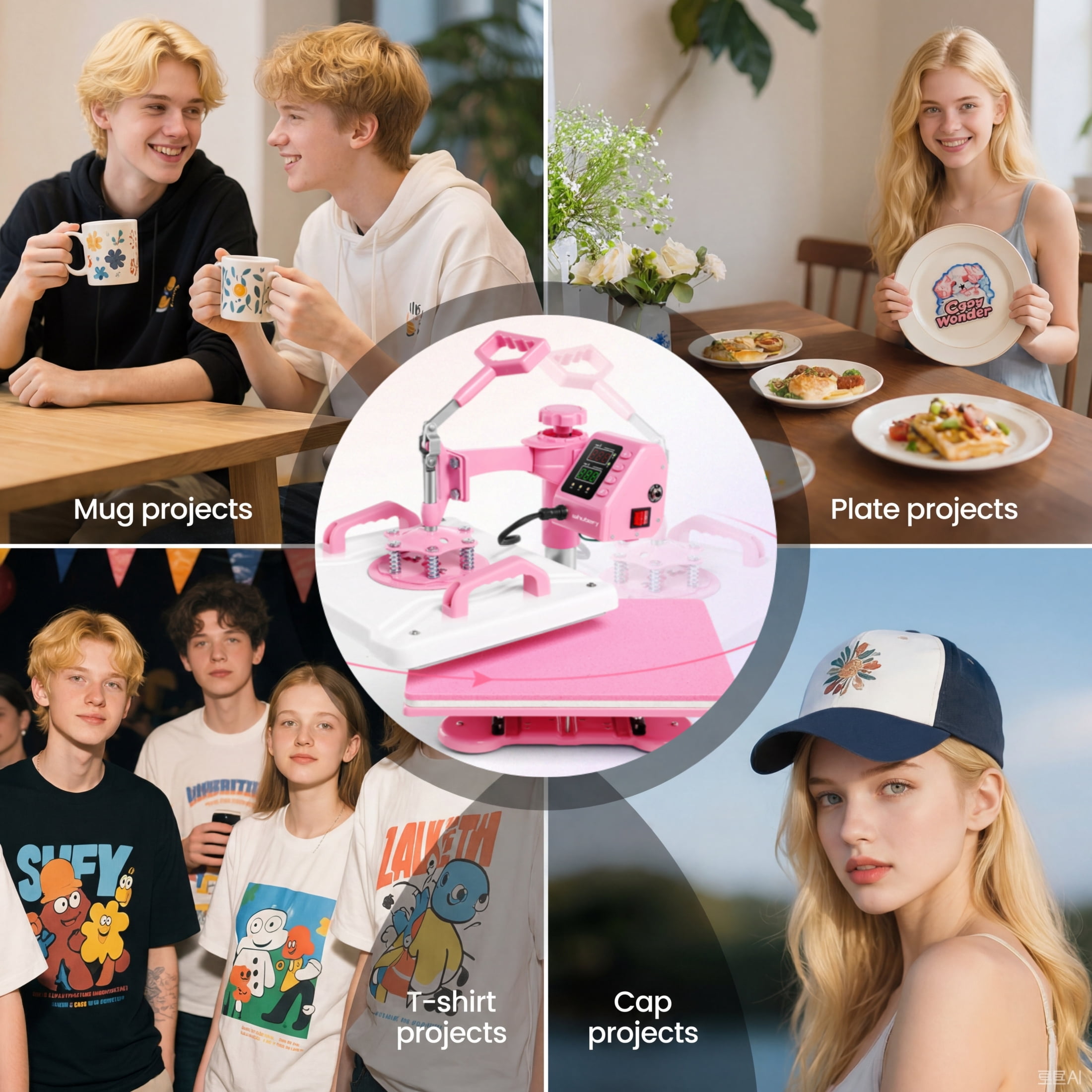 Adnoom Heat Press Machine 12x15 8 in 1 Combo, 900W Digital Heat Press 360° Swing Away, Sublimation Heat Transfer Machine for Tshirt Plate Cap Mug, Pink