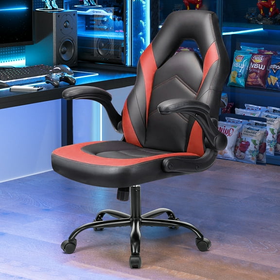 Simenmax Gaming Chair, Ergonomic Office Leather Racing Chair with Flip-up Armrest, Black Red