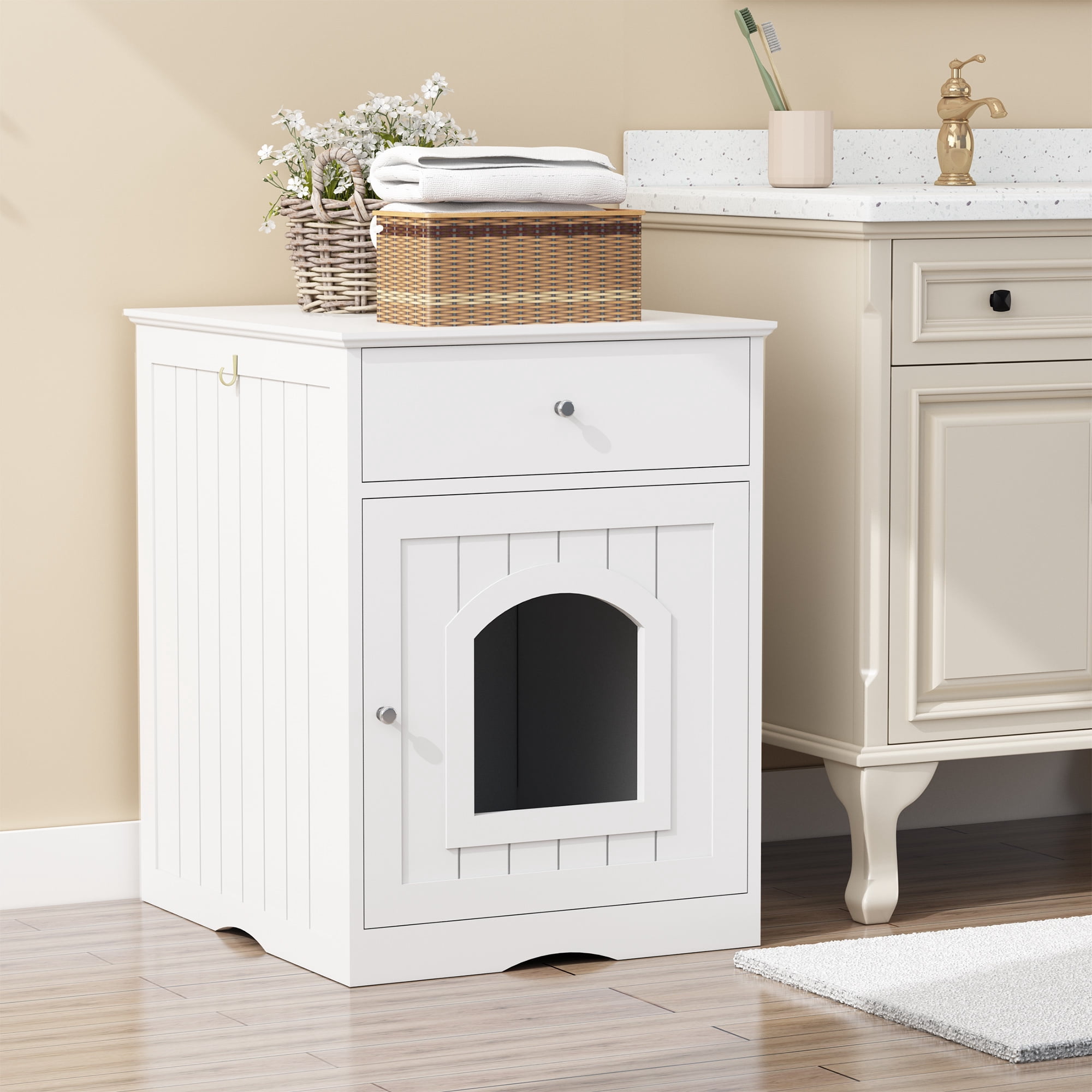 Leumius Wooden Pet House Cat Litter Box Enclosure with Drawer, Side Table, Indoor Pet Crate, Cat Home Nightstand (White)