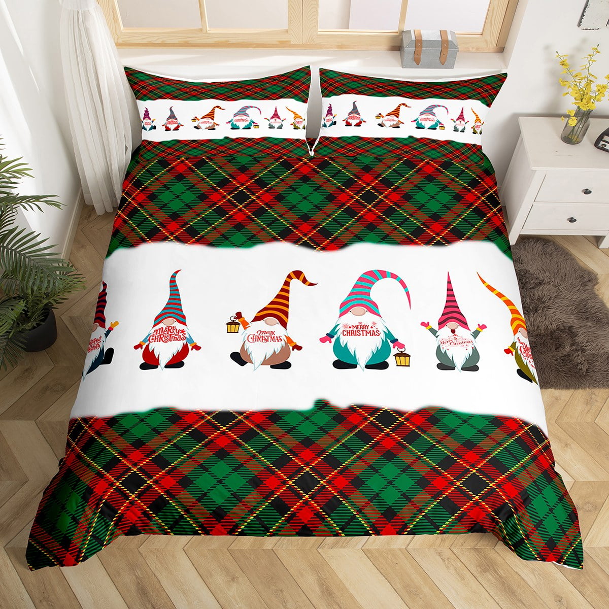 Christmas Santa Claus Gnomes Bedding Set For Kids Twin,Boys Girls Cute Xmas Comforter Cover Red