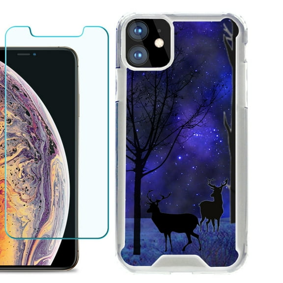 For Apple iPhone 11 Case, Hybrid Bumper Phone Case, with Tempered Glass Screen Protector, by OneToughShield ® - Midnight Forest