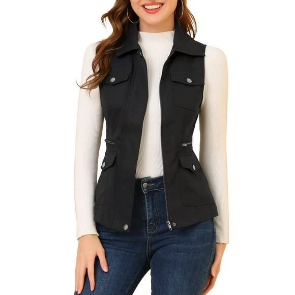 Unique Bargains Women's Zip Up Jacket with Pockets Sleeveless Anorak Utility Vest Black 3X-Large