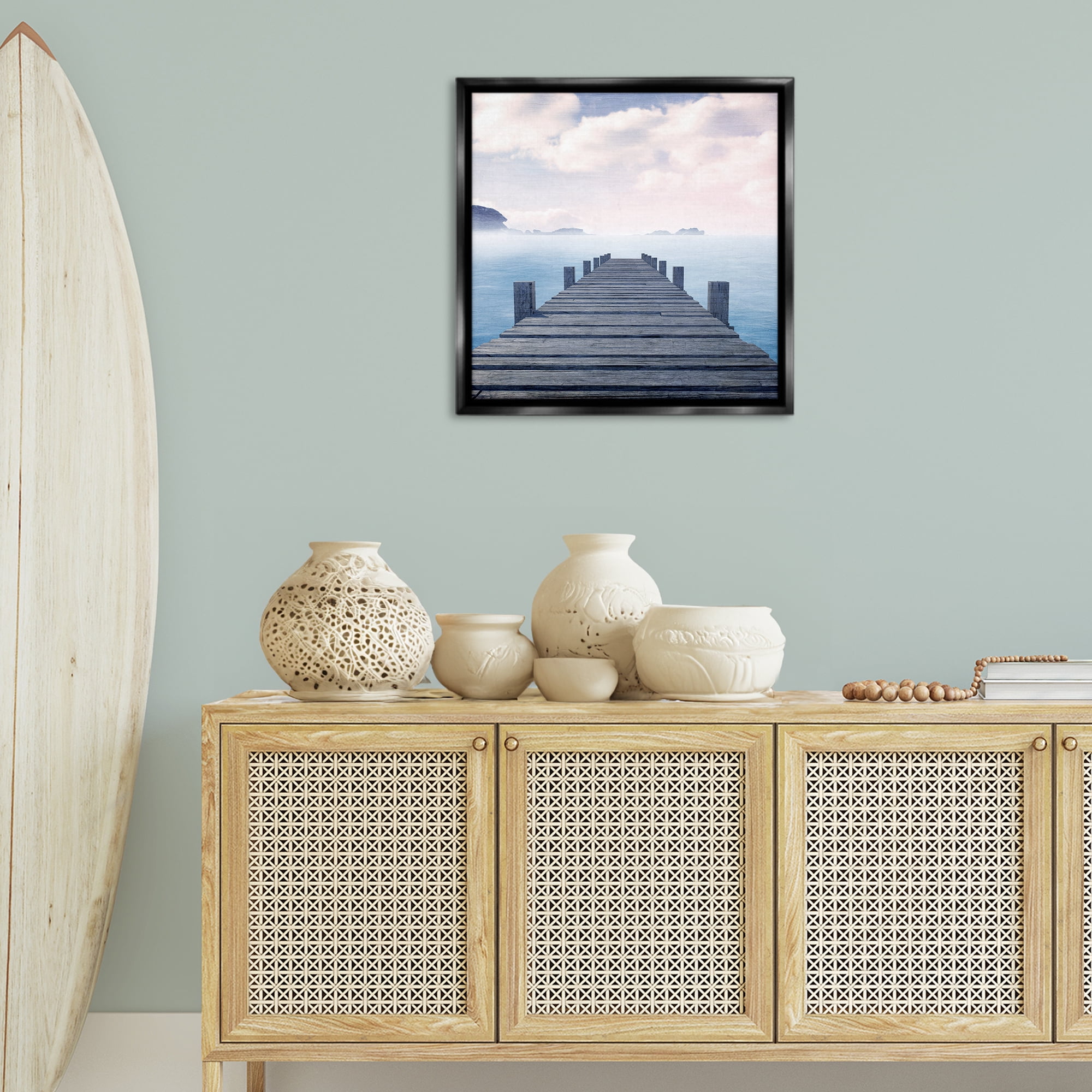 Stupell Industries Clouds over Sea Dock Nautical & Beach Painting Black Floater Framed Canvas Art Print Wall Art, 25 x 25