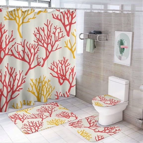 Colorful Coral 4 Piece Bathroom Rug Set with Shower Curtain Non-Slip Rugs And Toilet Mat Lid Rug Accessories Ocean Coral Branch Reef Nature Waterproof Personality Pattern Bath Curtain