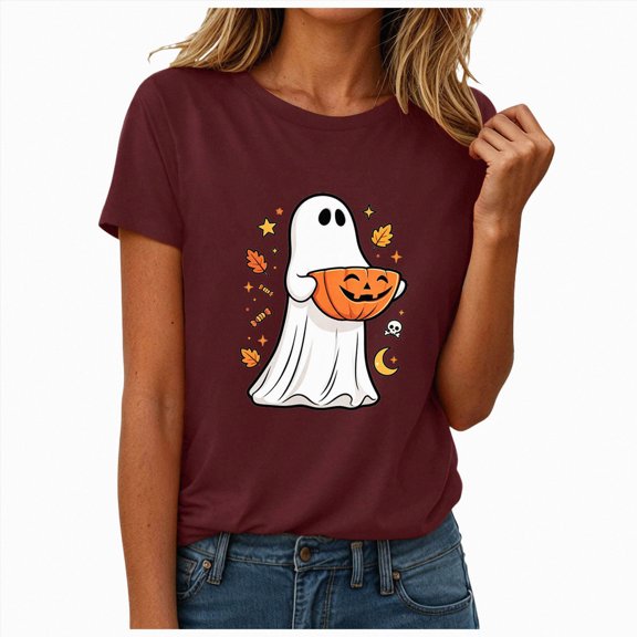 NOLDARES Womens Pumpkin Spooky Halloween Shirts Tie Dye Cute Short Sleeve Ghost Grapghic Tee Ghost Tops Costumes Fall(Wine,XL)
