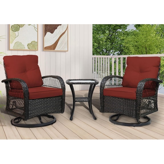 3 Piece Outdoor Swivel Rocker Chairs, Swivel Glider Patio Chairs, Heavy Duty Patio Chairs 400 lbs with Side Table, Red