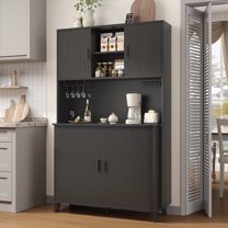 Laintene Tall Kitchen Pantry Cabinet with Sliding Doors, 71 in Storage Cabinet with Charging Station & Adjustable Shelves & Wine Rack, Modern Black Bar Cabinet for Dining Living Room