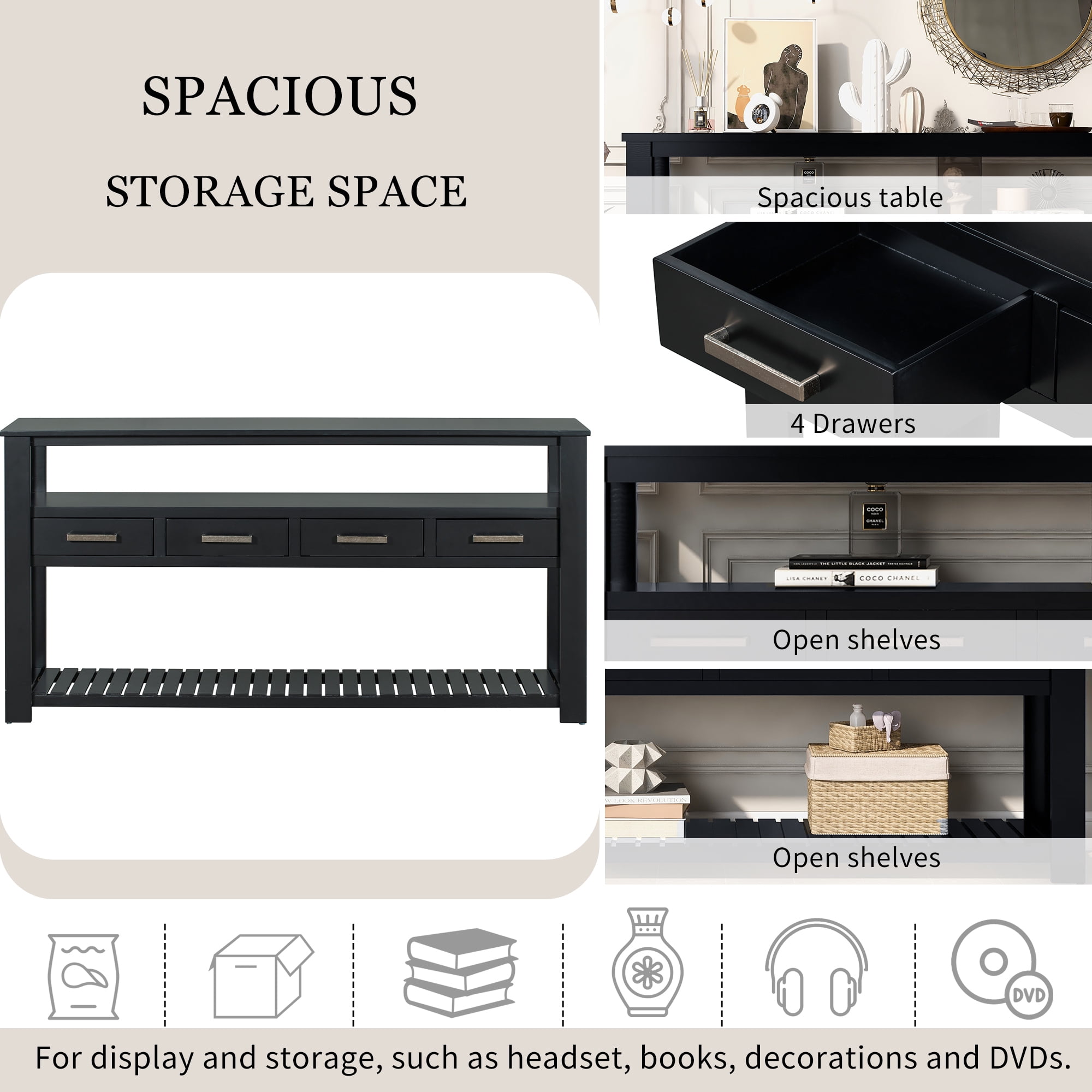 Euroco 61.5" Large Console Table, Modern Wood Entryway Table Sofa Table with 3-Tier Open Shelves & 4 Drawers for Living Room, Hallway, Foyer, Black