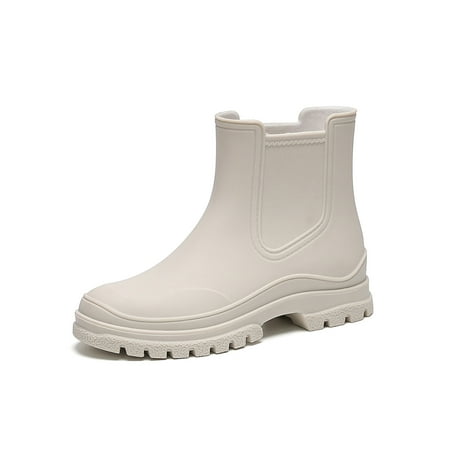 

Tenmix Women s Waterproof Boot Lug Sole Garden Shoes Wide-Calf Rain Boots Platform Rainboot Womens Pull On Non-slip Chelsea Booties Beige 7.5