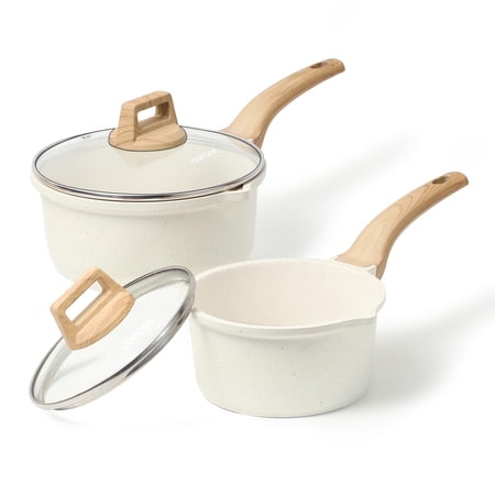 Carote 1.5Qt & 3.0Qt Non-Stick Sauce Pan Set with Lid, Non Stick Sauce Pots Cooking Pot with Pour Spout, Easy to Clean(White Granite)