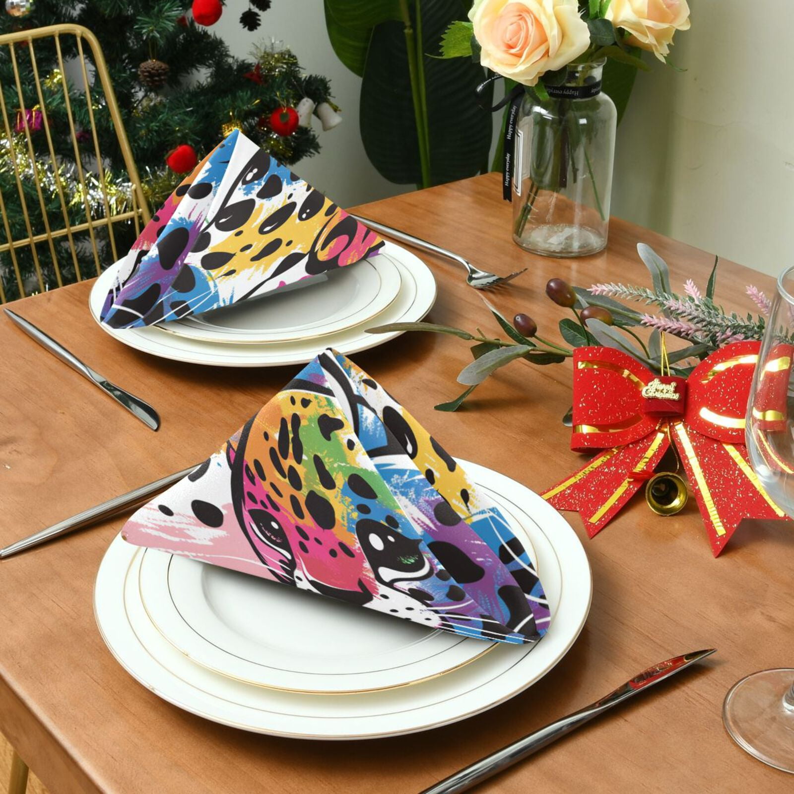 JSTEL Cute Leopard Cartoon Rainbow Cloth Napkins Set of 6, 20x20 Inch Washable and Reusable Napkin for Decoupage Dinner Party Everyday Use