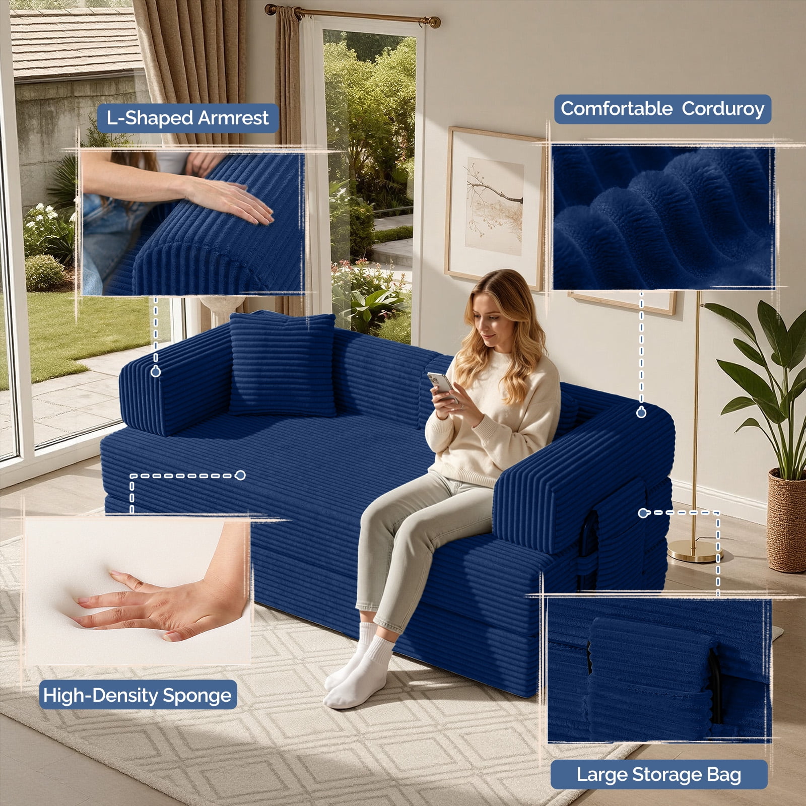 Daluvenix 4-in-1 Folding Convertible Sofa Bed 81 Inch Oversized Corduroy Upholstered Boneless Couch Loveseat Sleeper with Pull Out Bed Blue