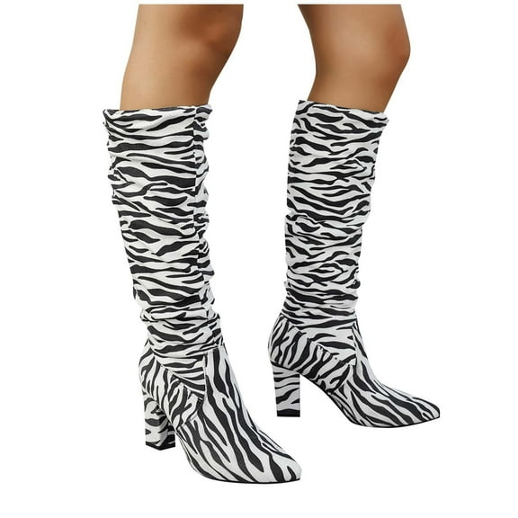 RUIYANQI Women's Animal Print Knee High Boots Pointed Toe Design Chunky Heel Footwear Trendy Fashion Western Cowgirl Party Boots White Women Sandals