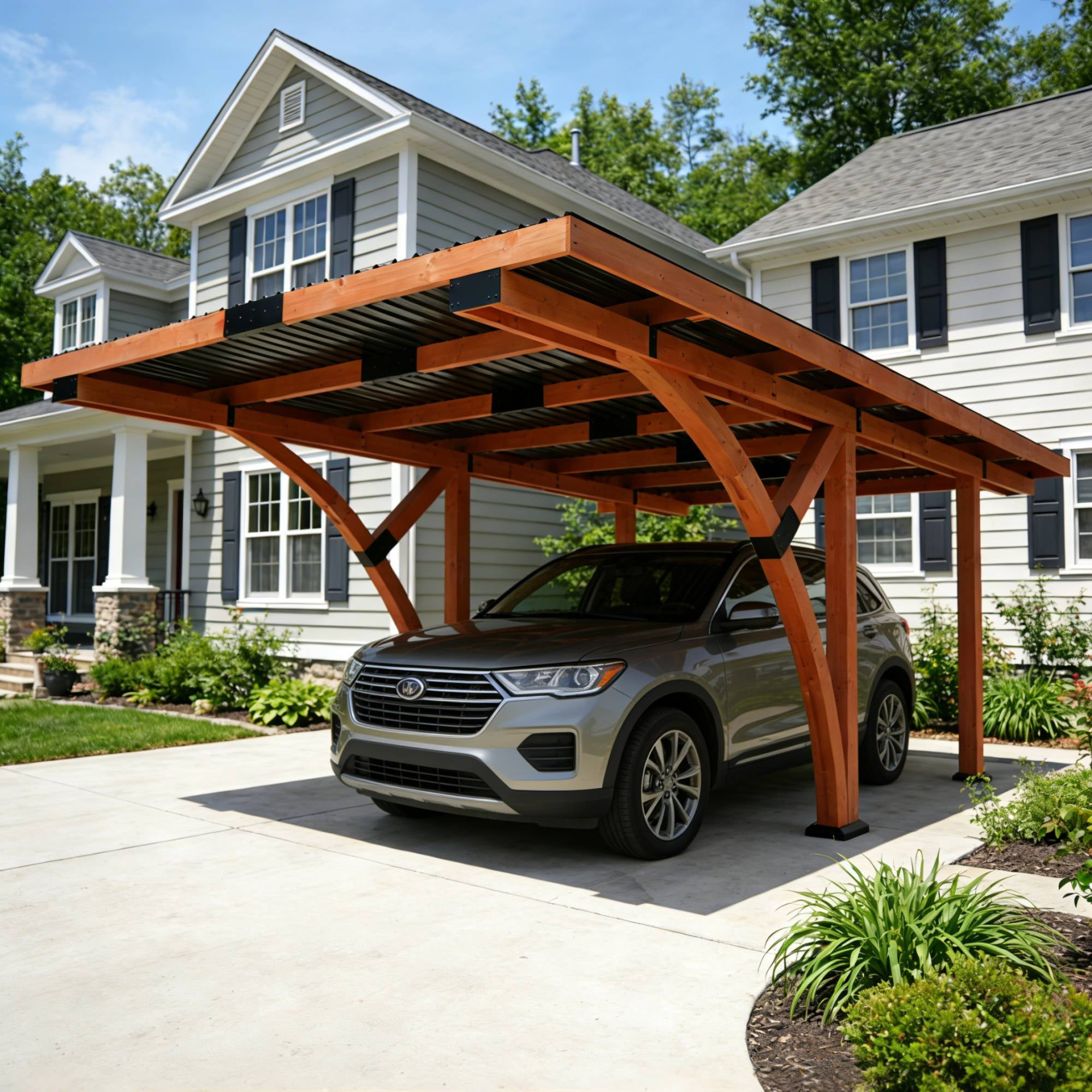 Beneouya 18.3x12.6x7.7ft Heavy-Duty Wood Carport with Steel Roof for Driveway Shelter