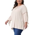 thumbnail image 4 of Blusa campesina de mujer de talla grande Agnes Orinda para el Día de San Valentín, con mangas 3/4, cuello con lazo y diseño calado, primavera y otoño, 2X color beige, 4 of 5