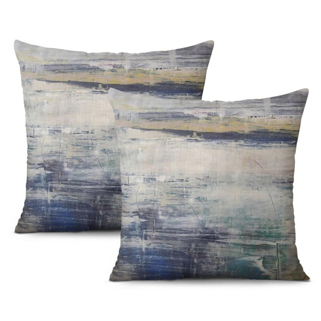 Stylish 2-Pack Cushion Cover: Grey & Blue Abstract Art Design, Super Soft Linen Material, Zippered, Modern Decorative, Perfect for Sofa & Couch, 20x20 Inches.