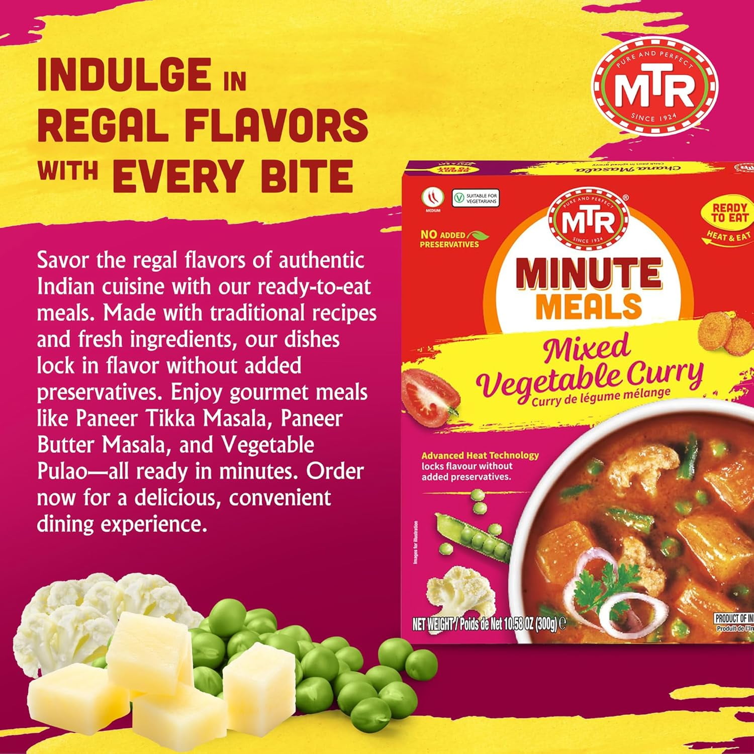MTR Flavorful Mixed Vegetable Curry - Authentic Indian Ready-to-Eat Meal with No Added Preservatives - A Quick Meal Suitable for Vegetarians, Ready in Minutes! (300g, Pack of 6)
