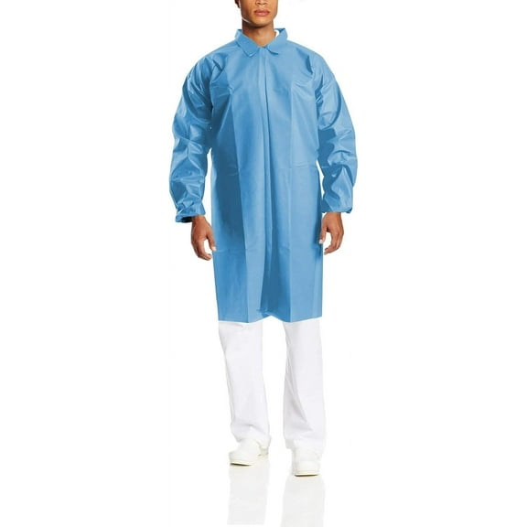 Blue Disposable Lab Coats for Adults, X-Large. Pack of 50 Polyethylene Coated Polypropylene Disposable Coats Medical. Adult Lab Coat with Elastic Wrists, Hook & Loop, No Pockets