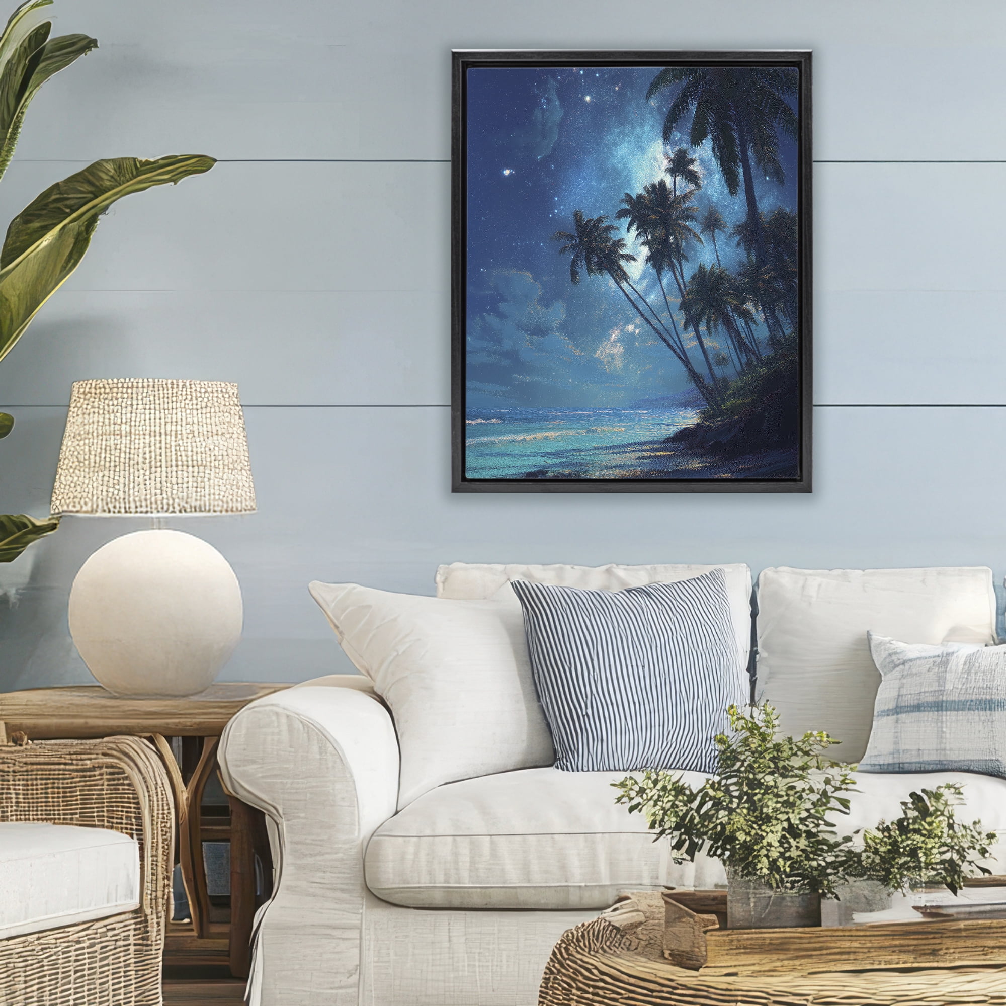 Moonlit Beach Palm Trees Black Framed Floater Canvas Wall Art, design by Ziwei Li