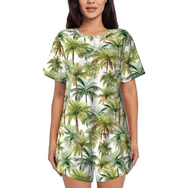 Balery Green Hawaii Palms Conjunto de Pijama para Mujer con Estampado, Dos Piezas de Manga Corta y Shorts, Ropa de Dormir Suave con Cuello Redondo y Bolsillos-3X-Large