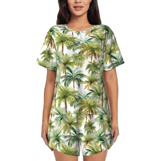 Balery Green Hawaii Palms Conjunto de Pijama para Mujer con Estampado, Dos Piezas de Manga Corta y Shorts, Ropa de Dormir Suave con Cuello Redondo y Bolsillos-4X-Large