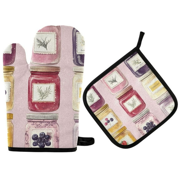 Yayeee Oven Mitts and Pot Holder Set of 2 Heat Resistant Kitchen Gloves Baking Hot Pad, Watercolor Jar