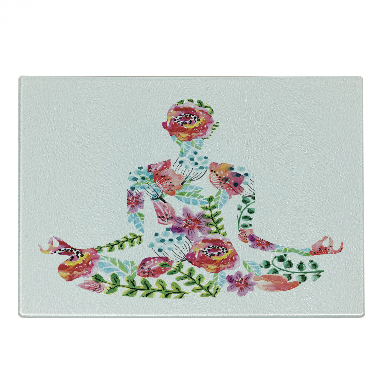 Yoga Cutting Board, Silhouette in Lotus Pose with Blooming Watercolor Flowers Green Leaves Body and Mind, Decorative Tempered Glass Cutting and Serving Board, Small Size, Multicolor, by Ambesonne - image 1 of 1