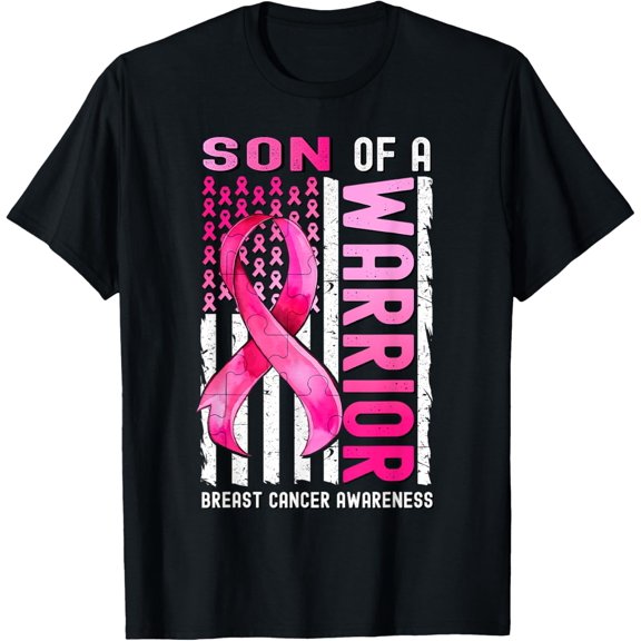 men and women can wear，Son Of A Warrior Breast Cancer USA Flag Awareness Pink T-Shirt