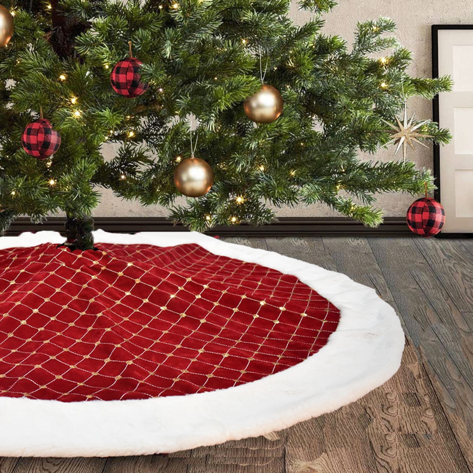 Cheers.US Christmas Tree Skirt, Red Velvet Tree Skirt with Sequin Embroidery for Xmas Holiday