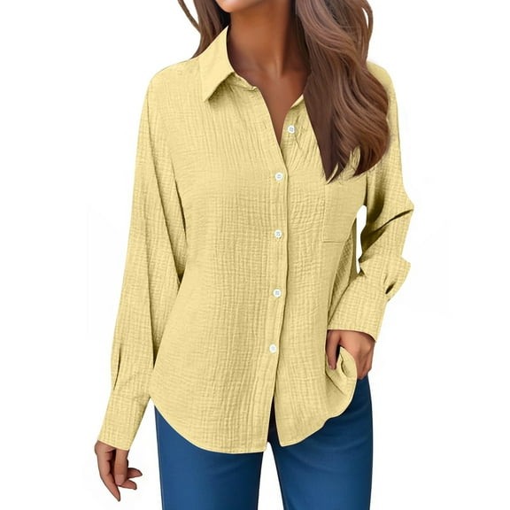 Arlun Long Sleeve Button down Gauze Shirts for Women Fall Winter Casual Lapel Solid Color Work Dress Shirt Ladies Solid Color Asymmetrical Hem Blouse Tops Yellow XL