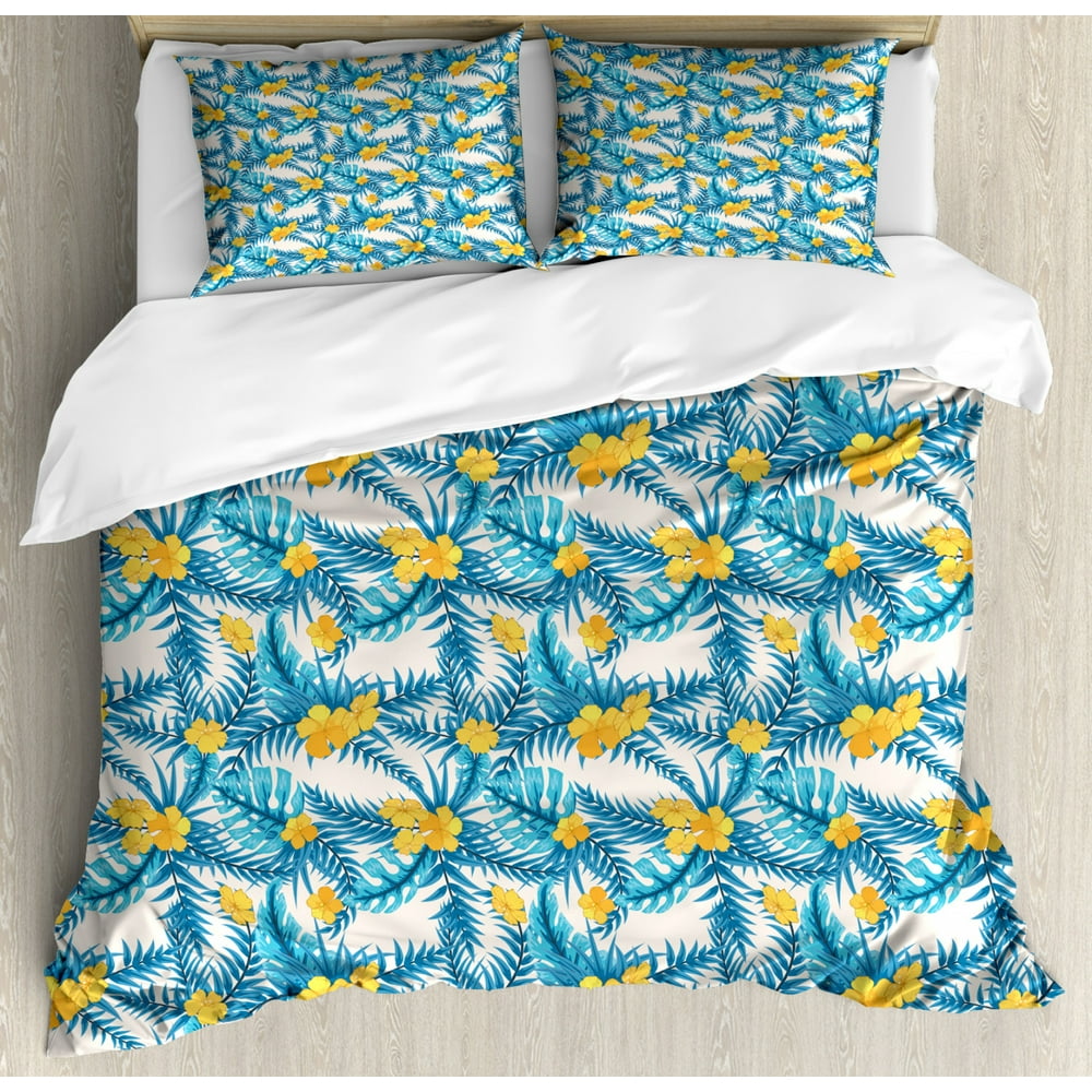 Tropical Duvet Cover Set Queen Size, Exotic Petals with Monstera and ...
