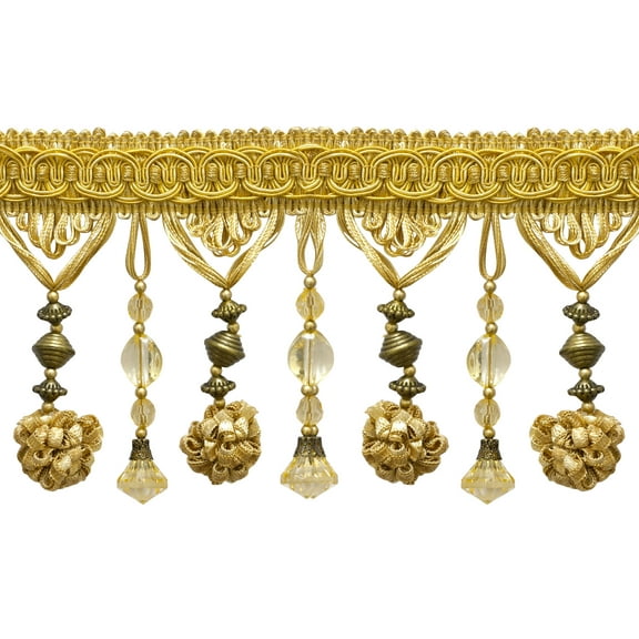 4" (10cm) Elegant Beaded Fringe Trim with Fancy Gimp Header with Pompoms # BF400,, Mustard Gold #12 (Yellow Gold, Golden Yellow, Golden Beige) Sold By The Yard (36"/3 ft/0.9m)