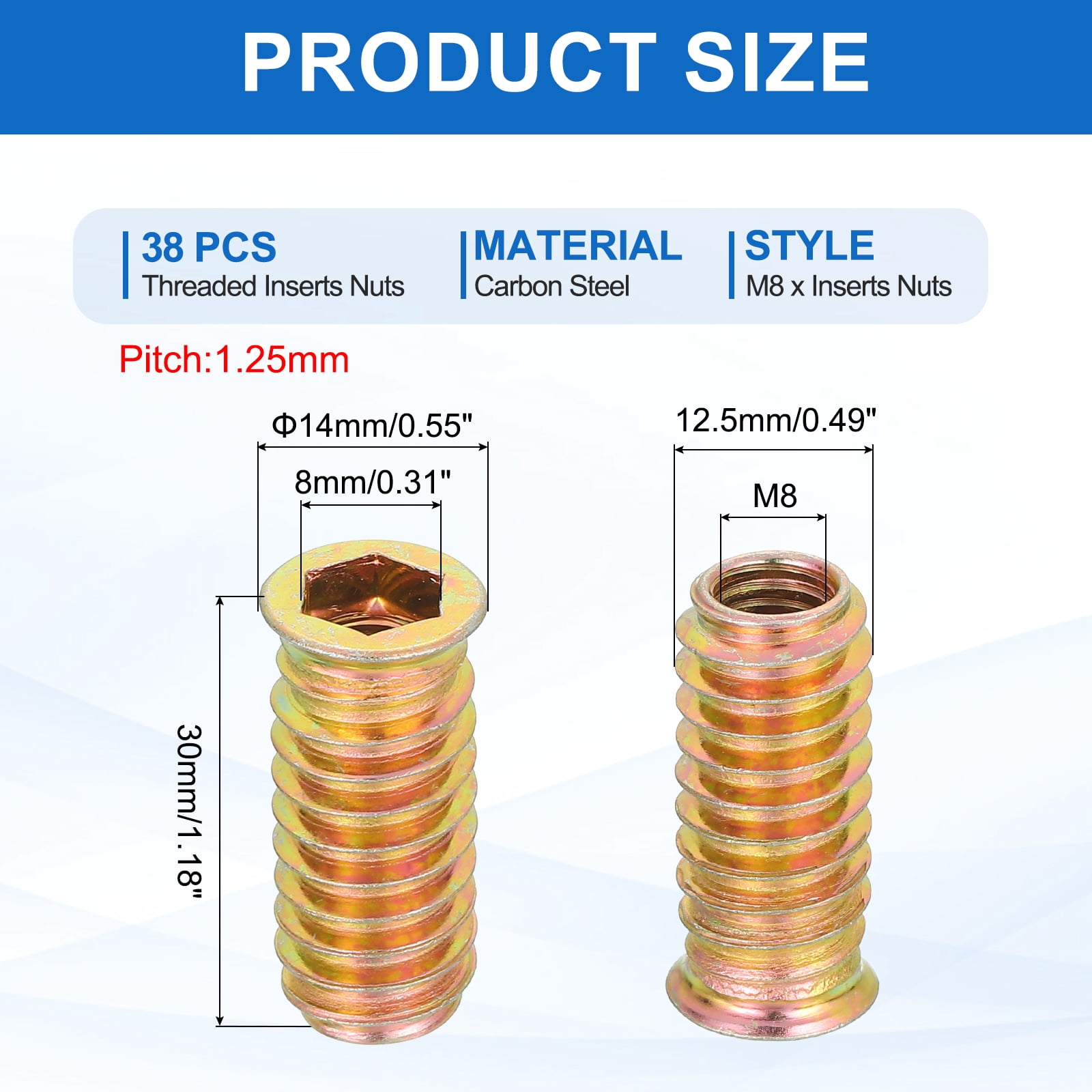 38Pcs Threaded Inserts Nuts, M8x30mm Hex Socket Drive Nut Inserts for Wood