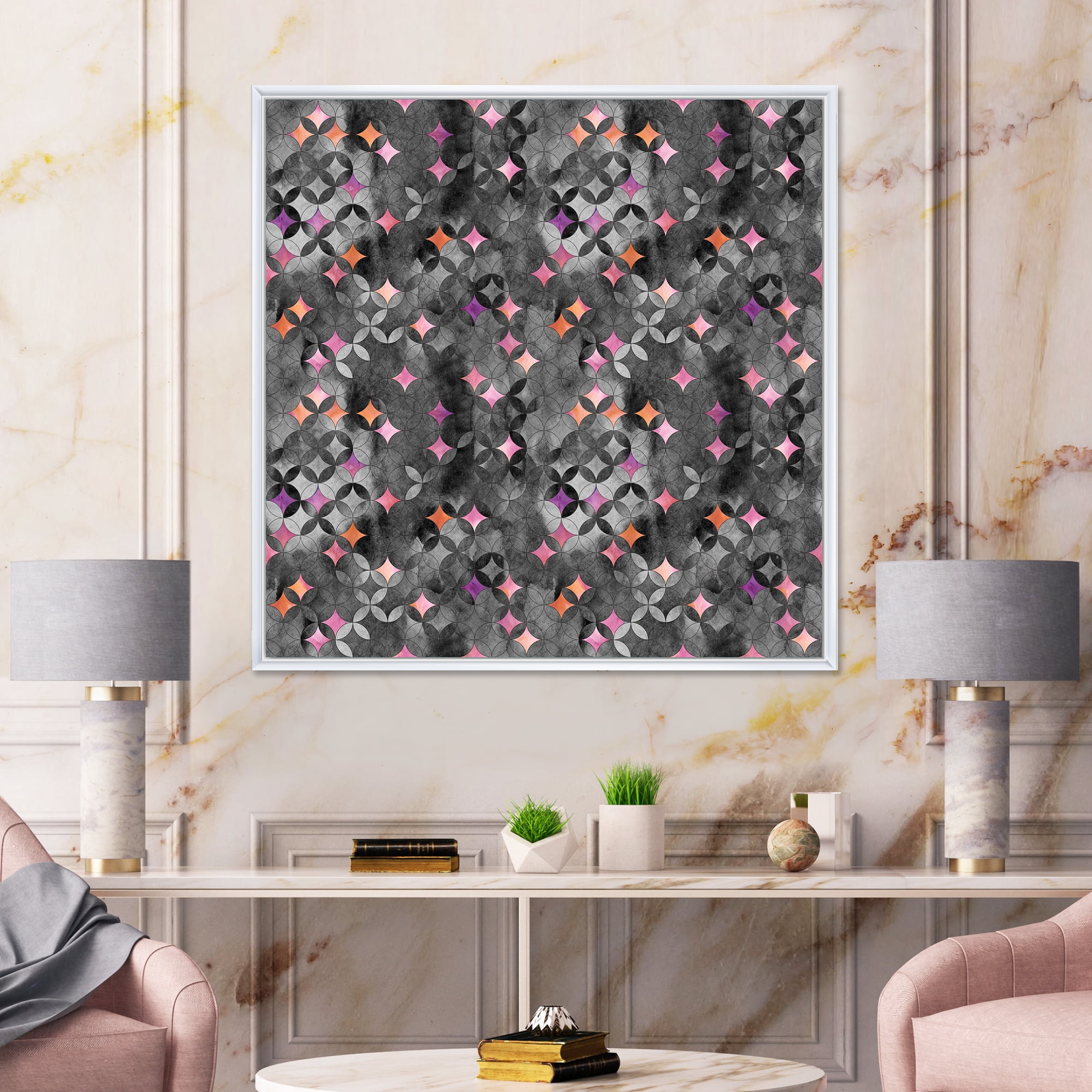 Designart 'Geometry Pink Stars With Intersecting Circles' Modern Framed Canvas Wall Art Print