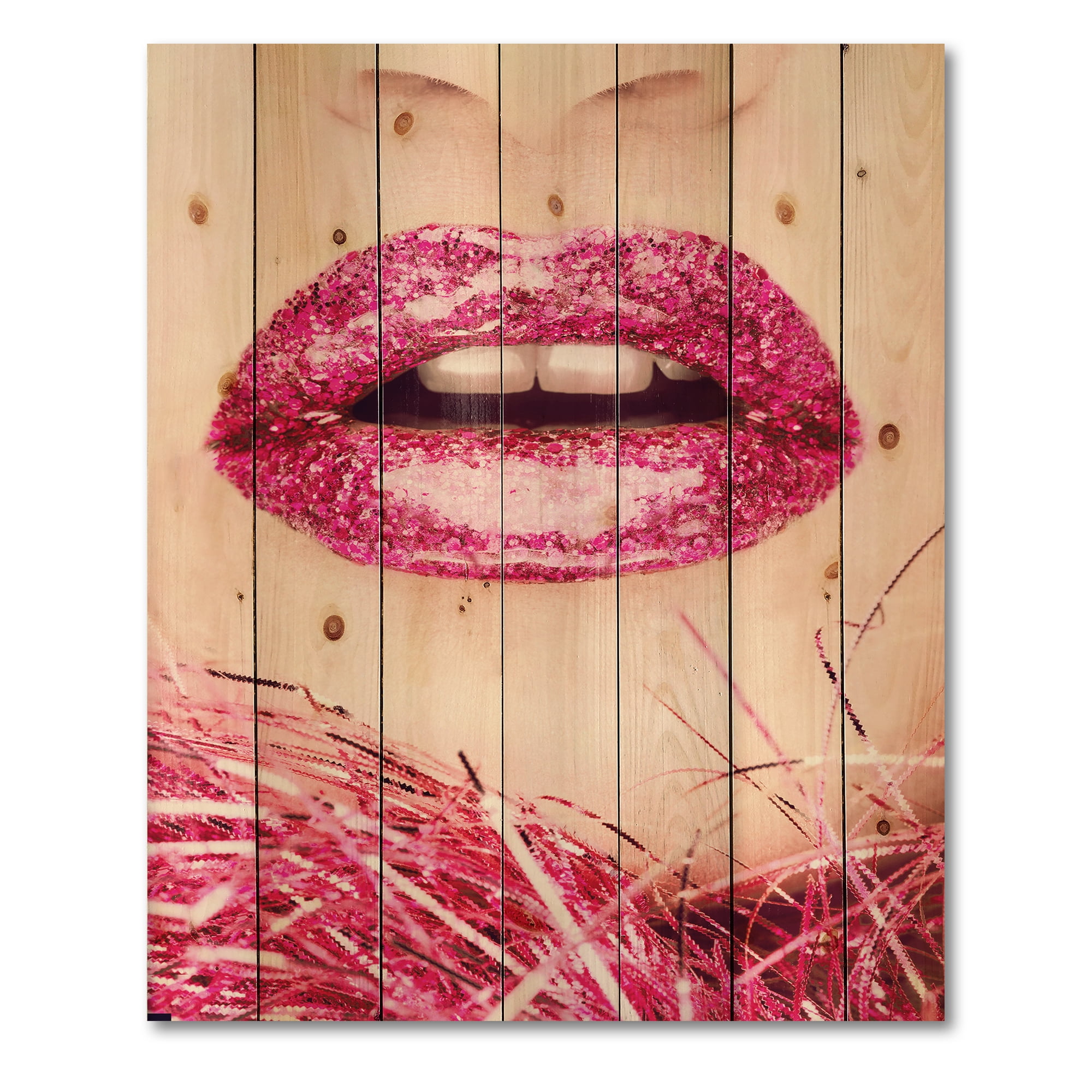 Designart 'Close-Up Of Golden Female Lips II' Modern Print on Natural Pine Wood