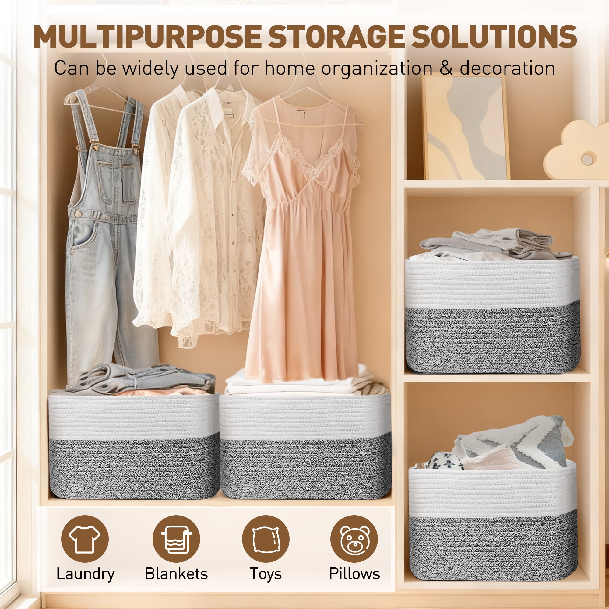 3 Pack Storage Basket, 11"x11"x9" (18L) Rectangle Woven Baskets for Storage, Cotton Rope Basket for toys, Towel Baskets, Closet Organizer Bins Shelves Organizer, Decorative Basket(Gray& White)