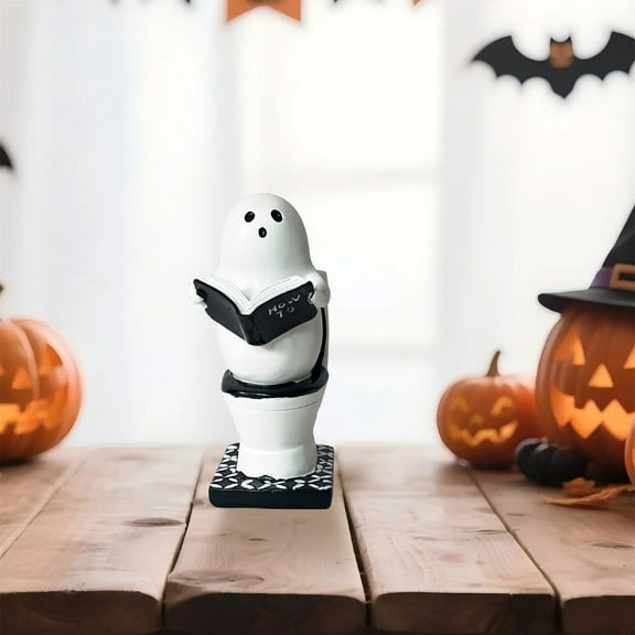 Cute Ghost Reading Book on Toilet Statue - Funny Halloween Decor, Spooky Ghost Ornament for Bathroom, Desk & Bookshelf Decor - Unique Gifts for Book Lovers & Halloween Collectors